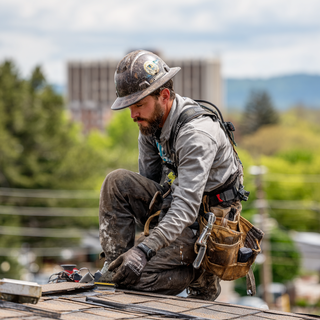 Roofer working on a residential roof structure covered by a structural plan set